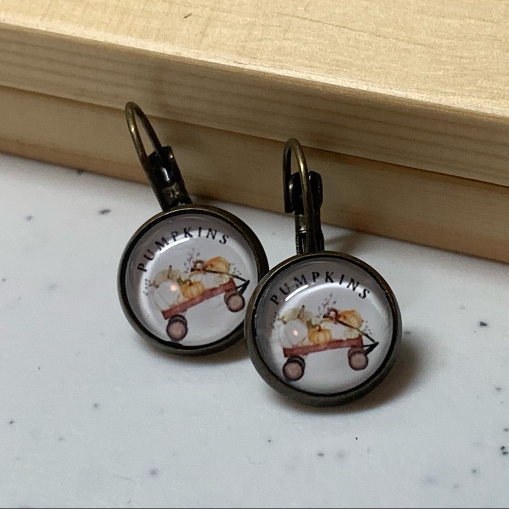 Pumpkin in wagon on lever back earrings, handmade, NWT,